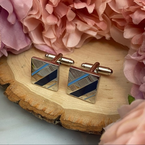 Classic Blue, Silver and Black Stripe Cufflinks - Picture 6 of 15